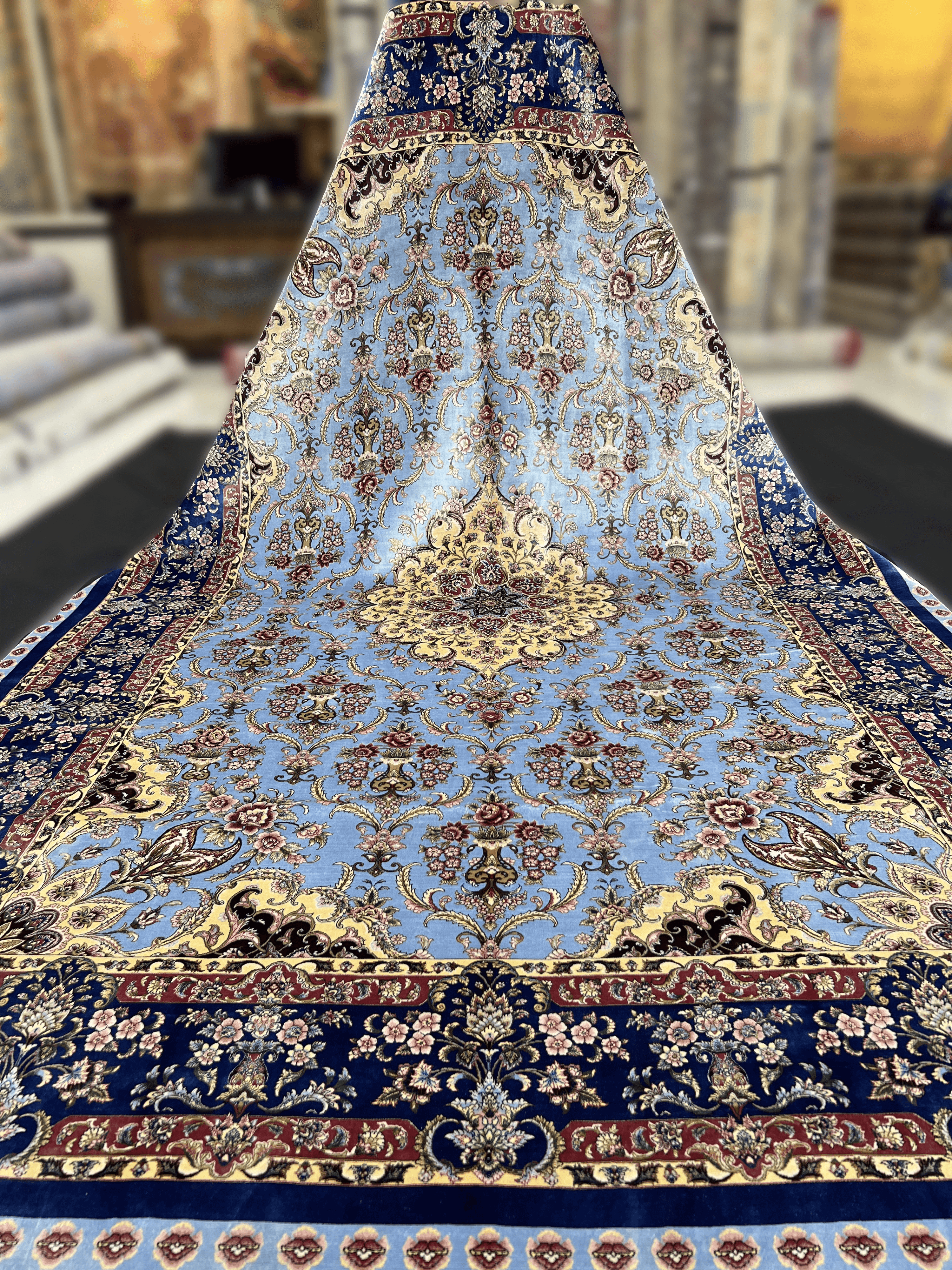 Blue Silk Rug with Yellow Medallion
