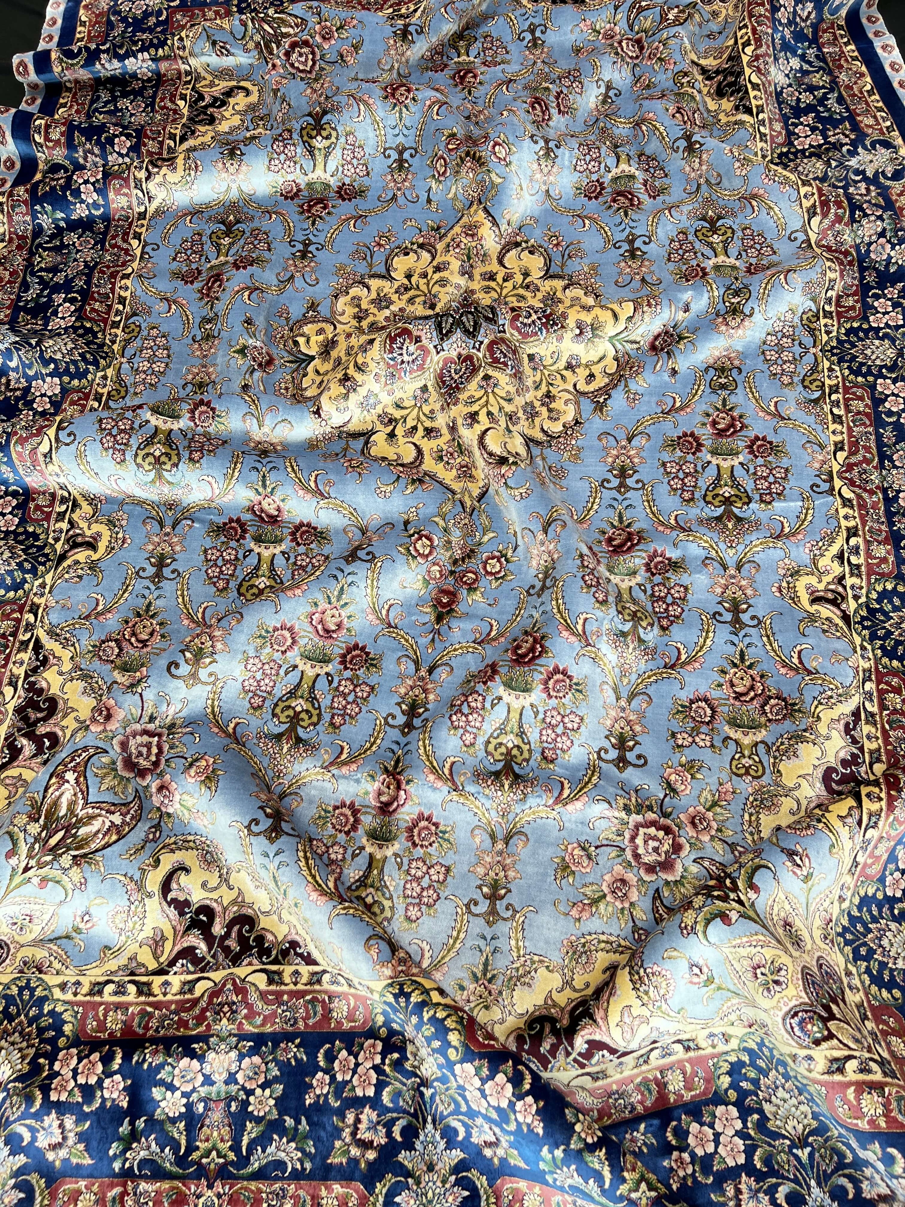 Blue Silk Rug with Yellow Medallion