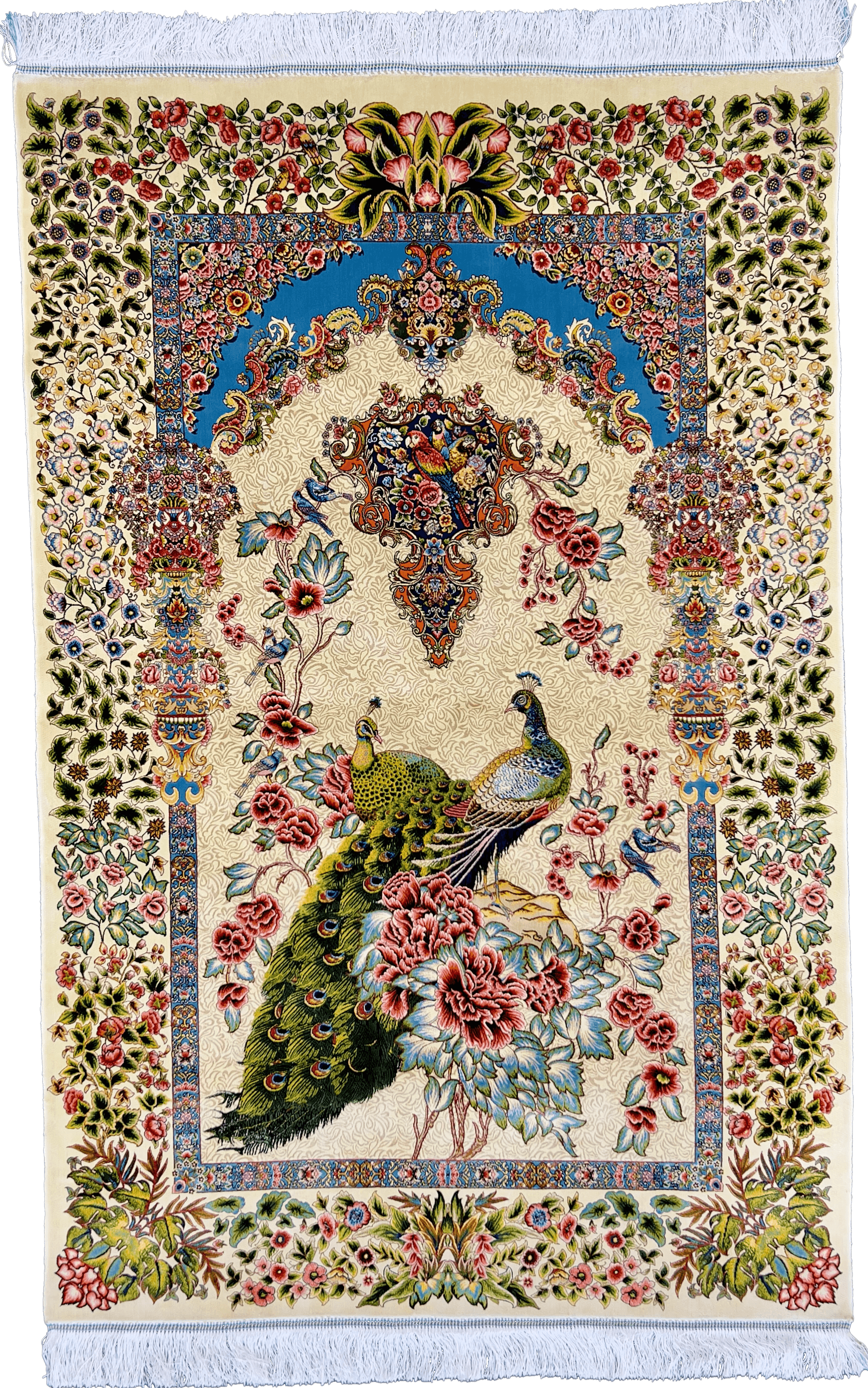 Beige Land Of Peacocks Silk Persian Rug
