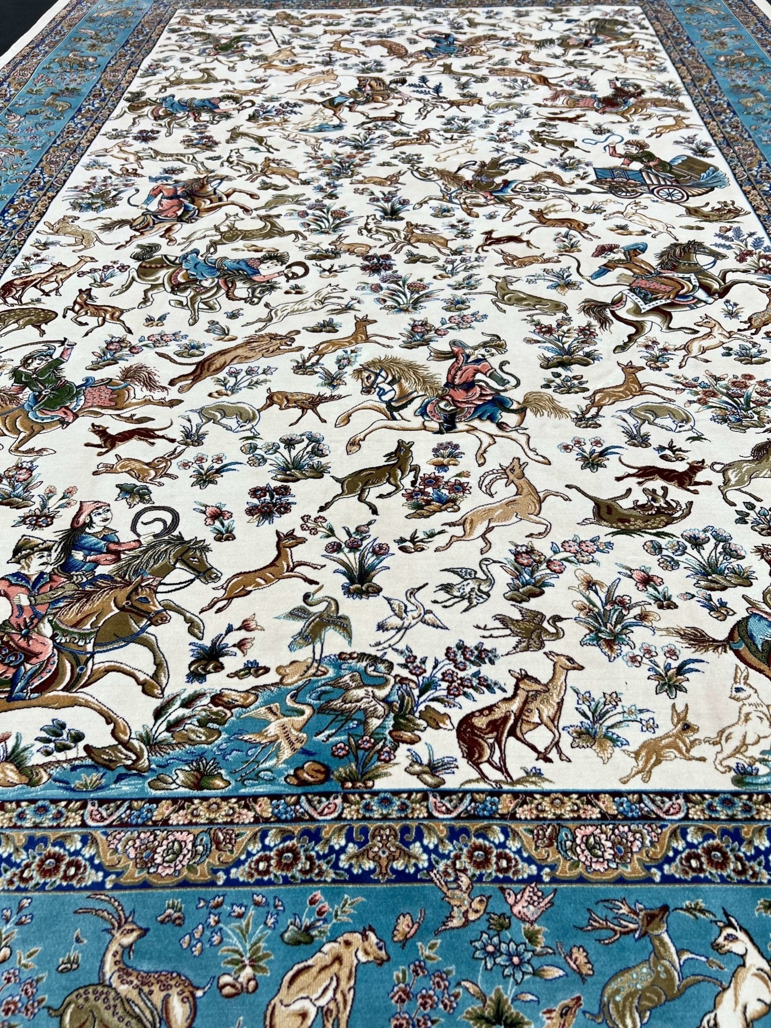 Beige And Turquoise Hunting Silk Area Rug