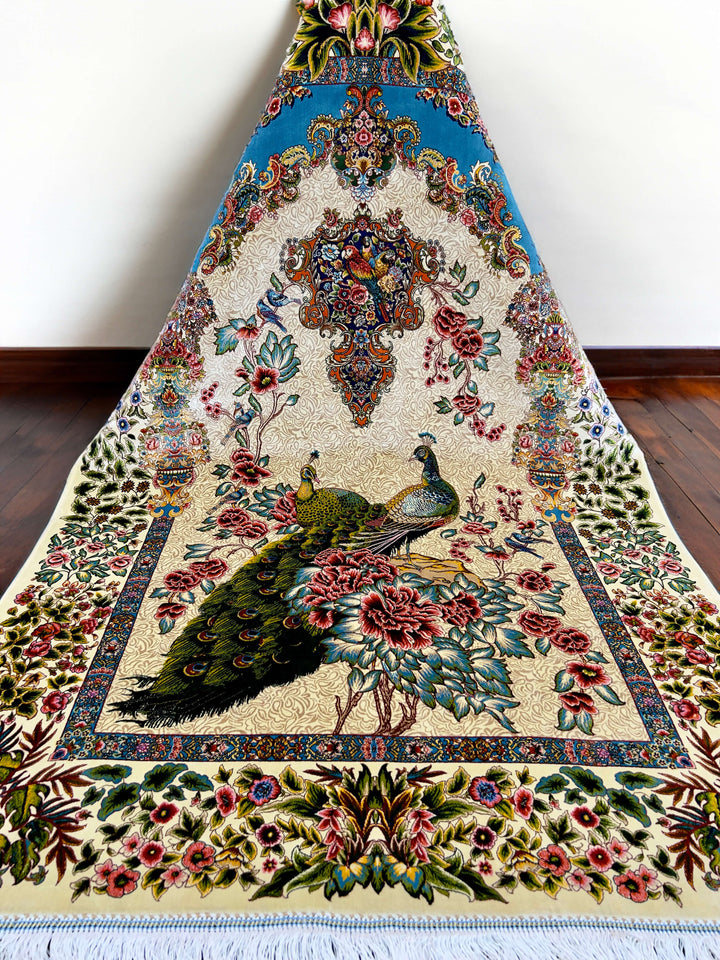 Beige Land Of Peacocks Silk Persian Rug