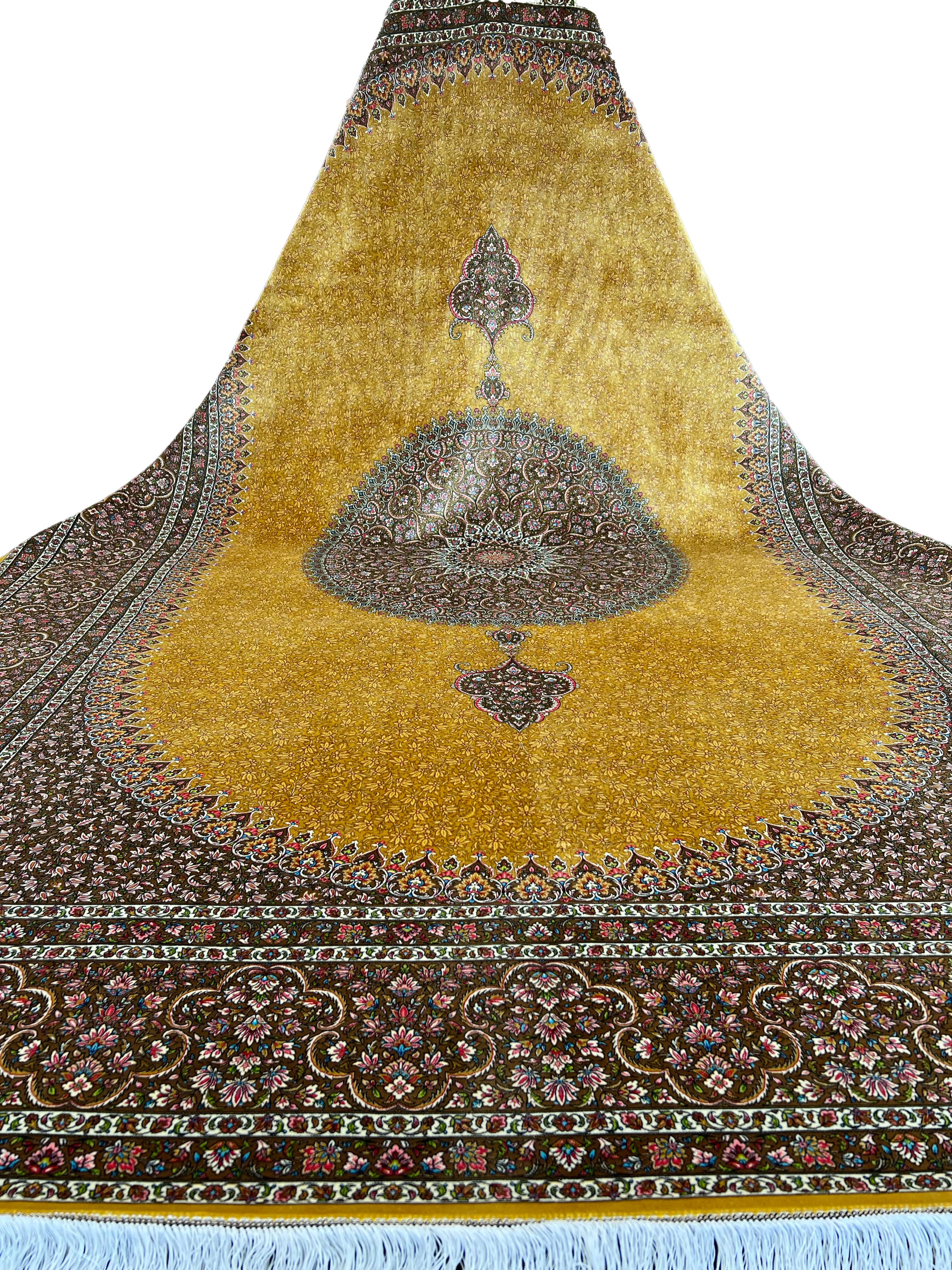 Yellow Bamboo Silk Rug with a Medallion