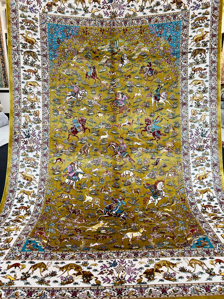 Olive Hunting Field Silk Persian Area Rug Carpet