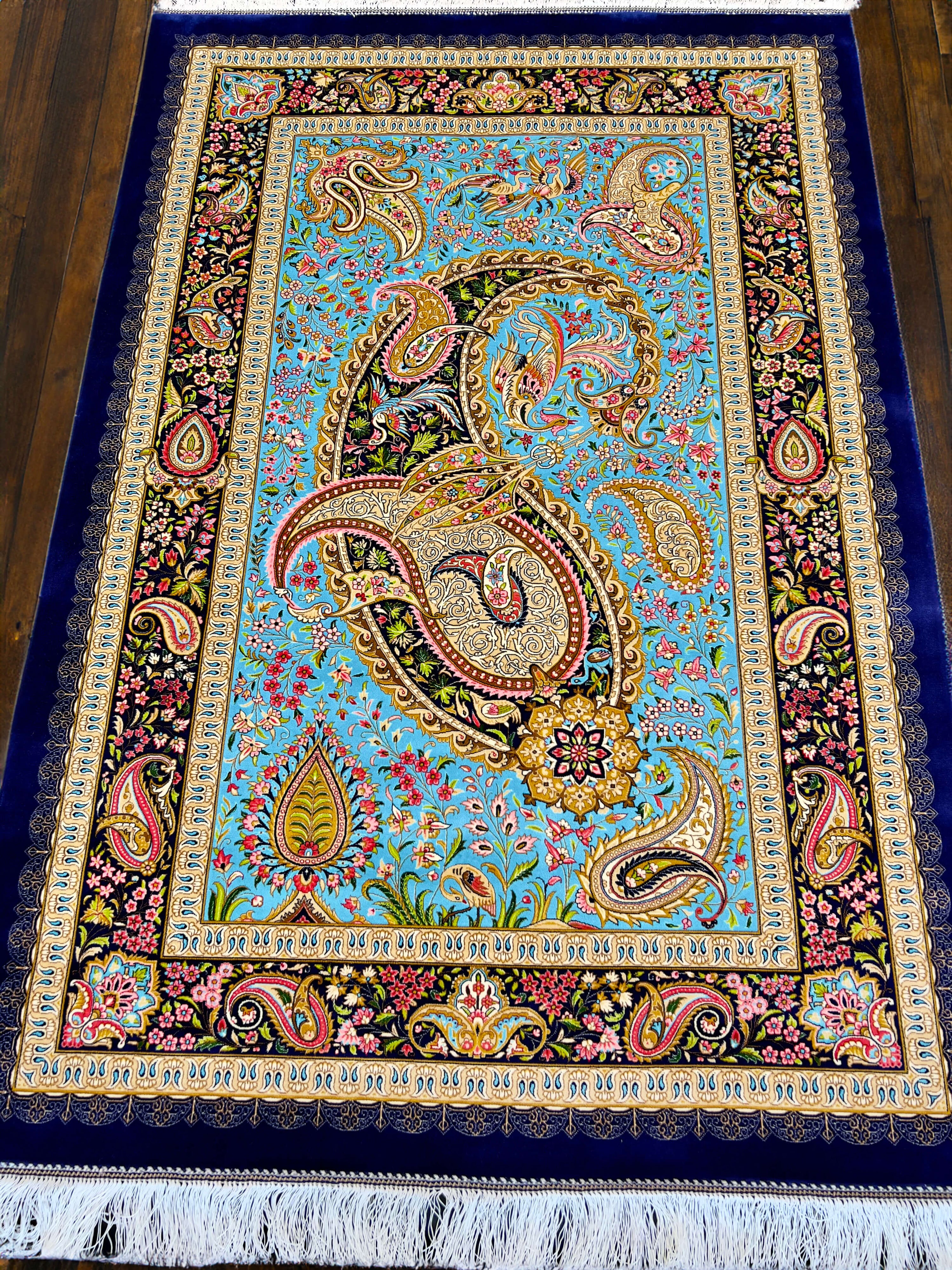 Blue Turquoise Paisley Boteh Silk Persian Area Rug