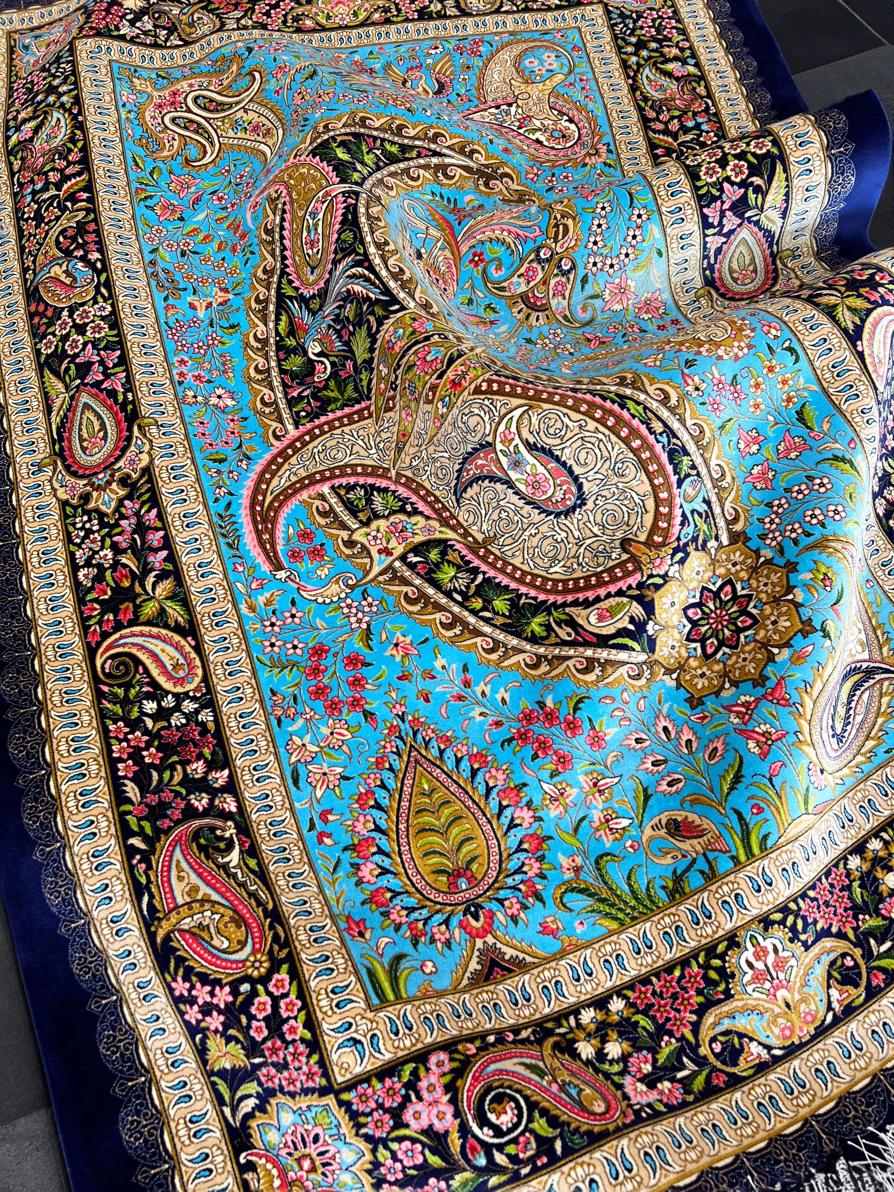 Blue Turquoise Paisley Boteh Silk Persian Area Rug
