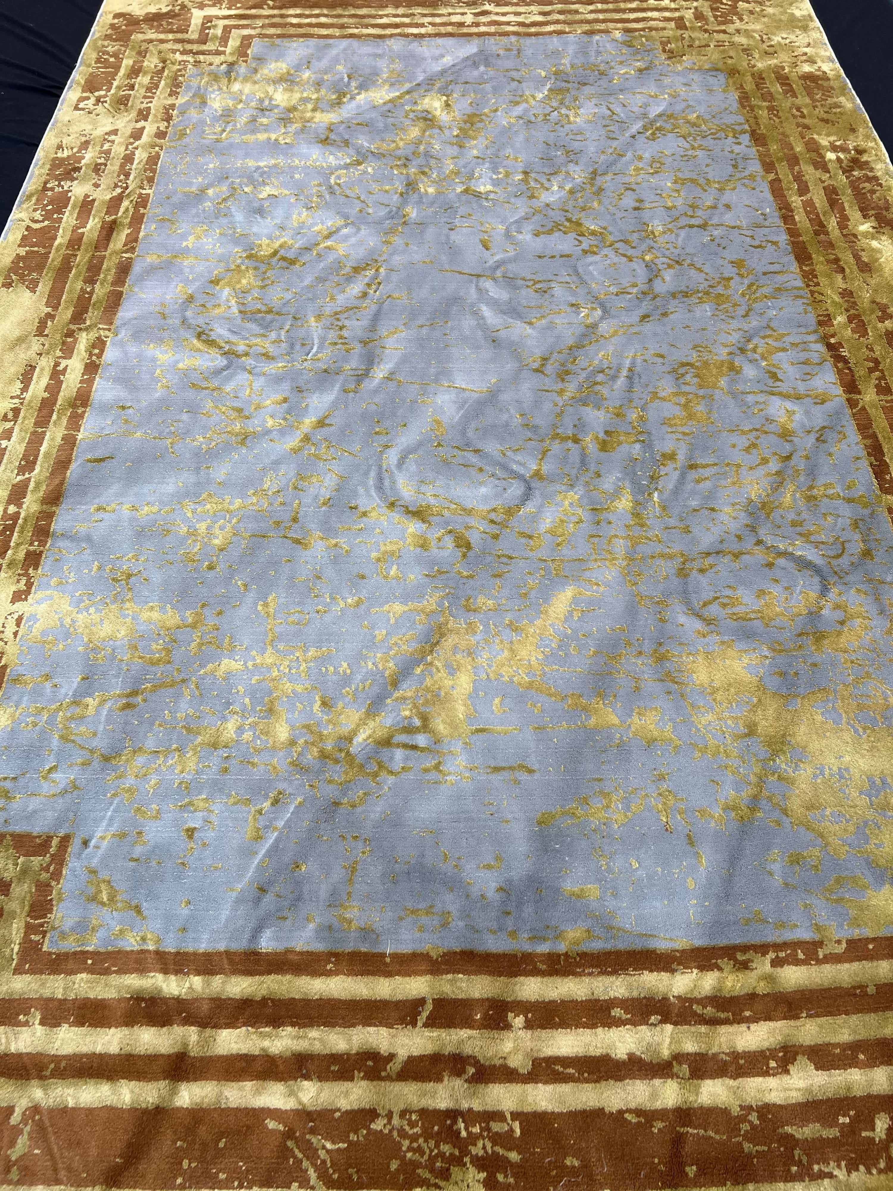 Modern Contemporary Blue Rug with Golden Borders