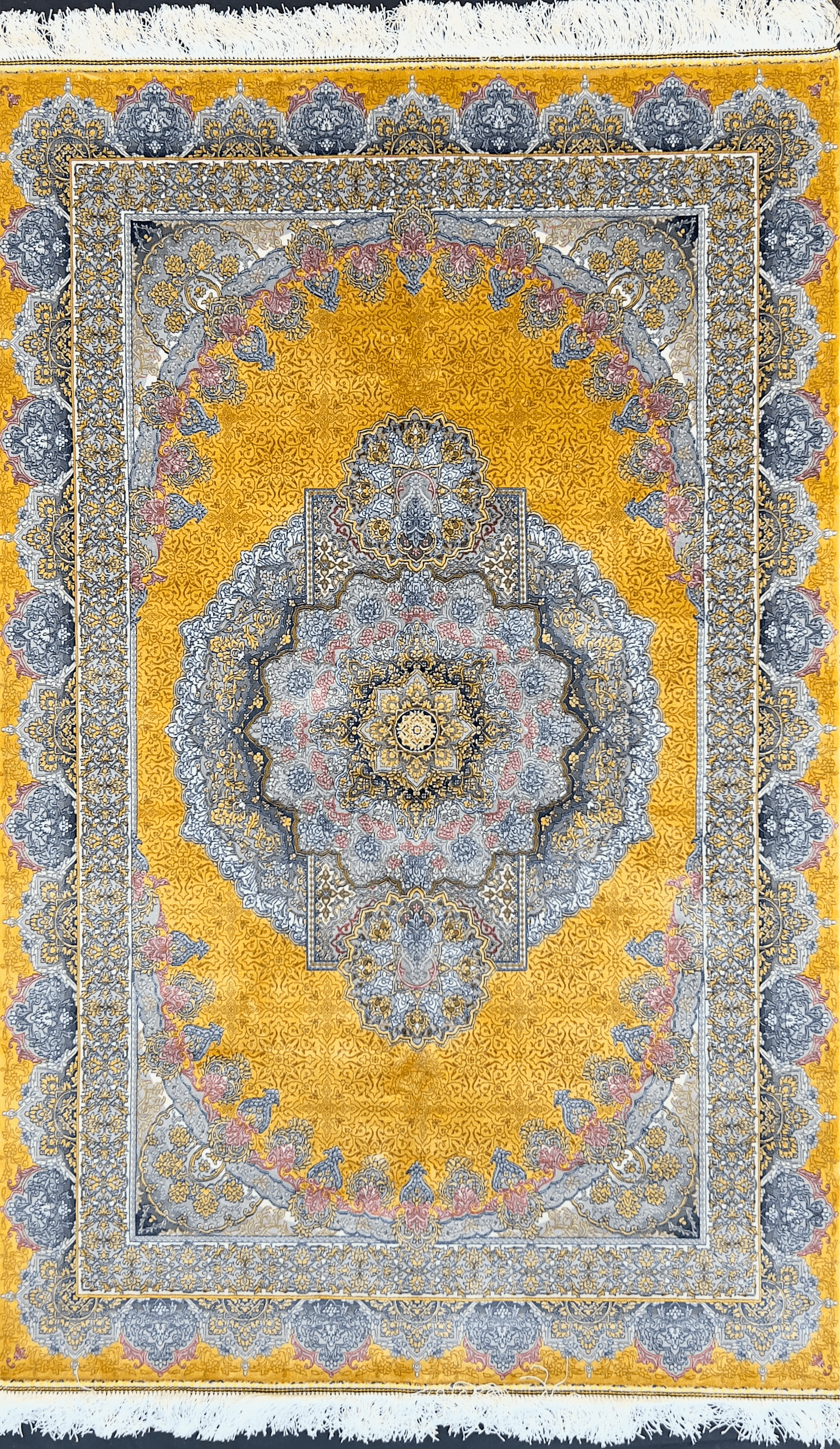 Yellow Bamboo Silk Rug with Medallion