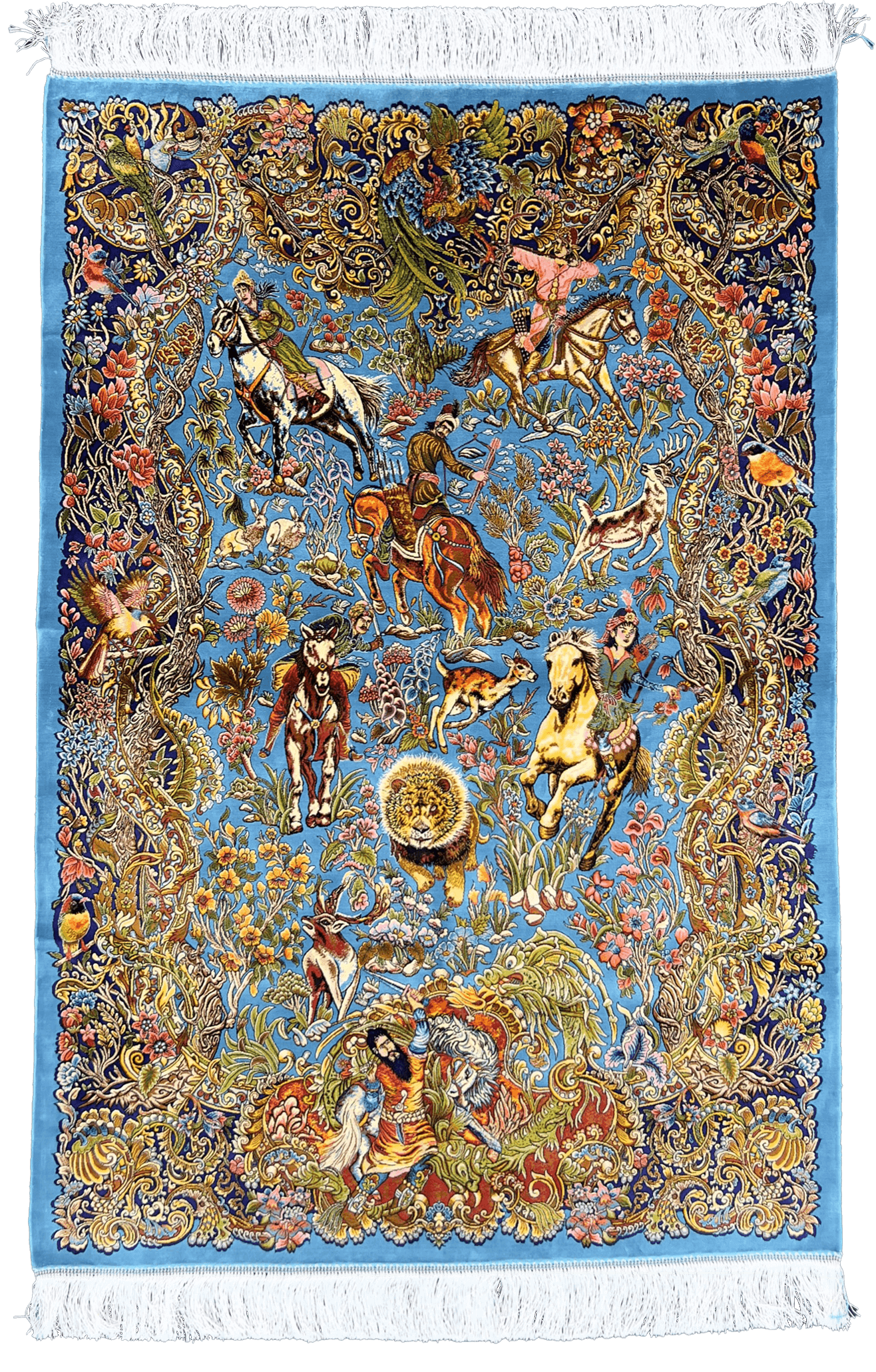 Light Blue Hunting Heritage Silk Persian Area Rug Carpet