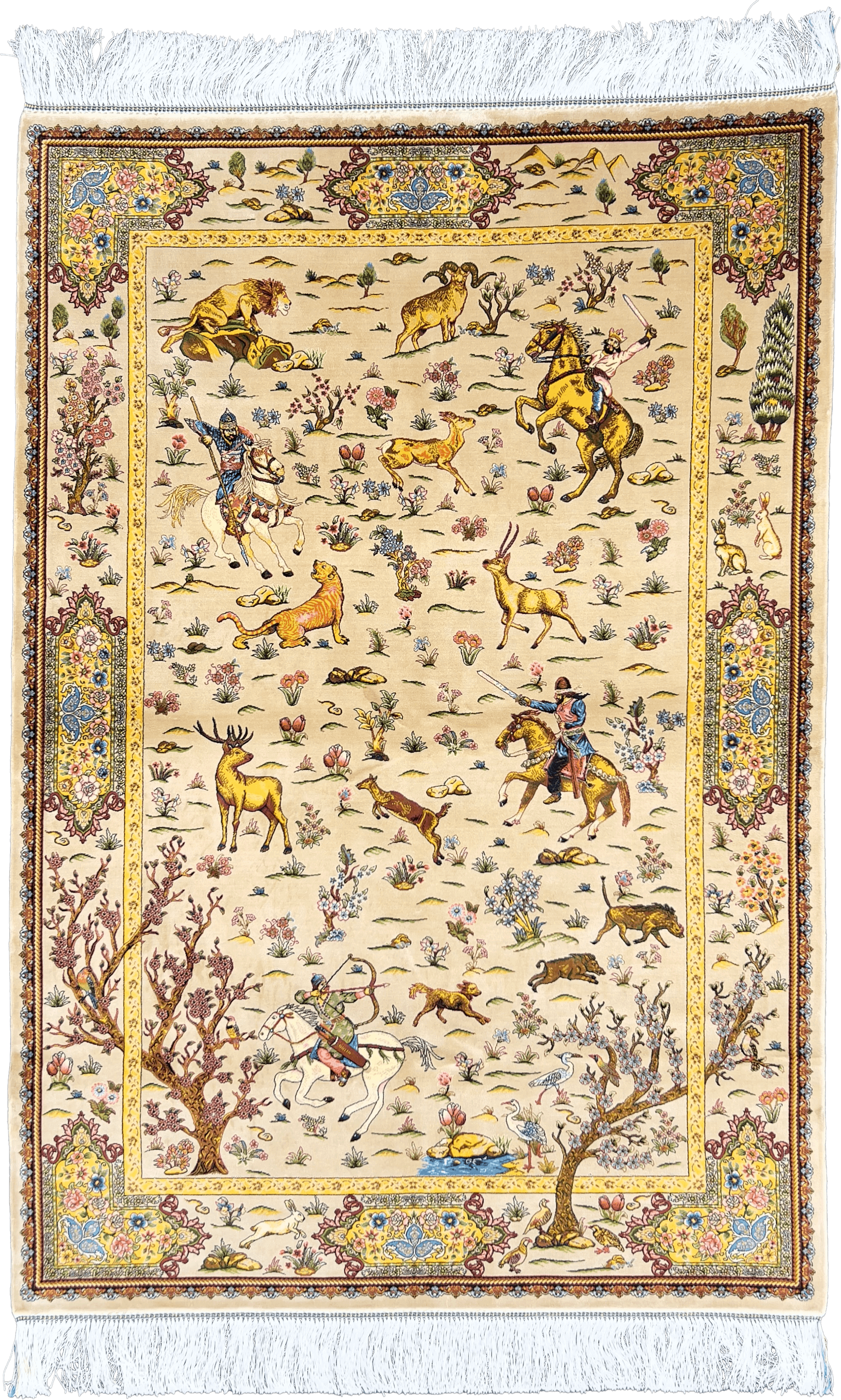 Neutral Beige Hunting Shekargah Silk Persian Area Rug Carpet