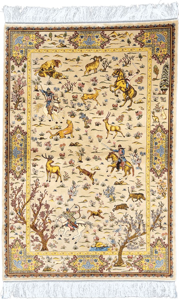 Neutral Beige Hunting Shekargah Silk Persian Area Rug Carpet