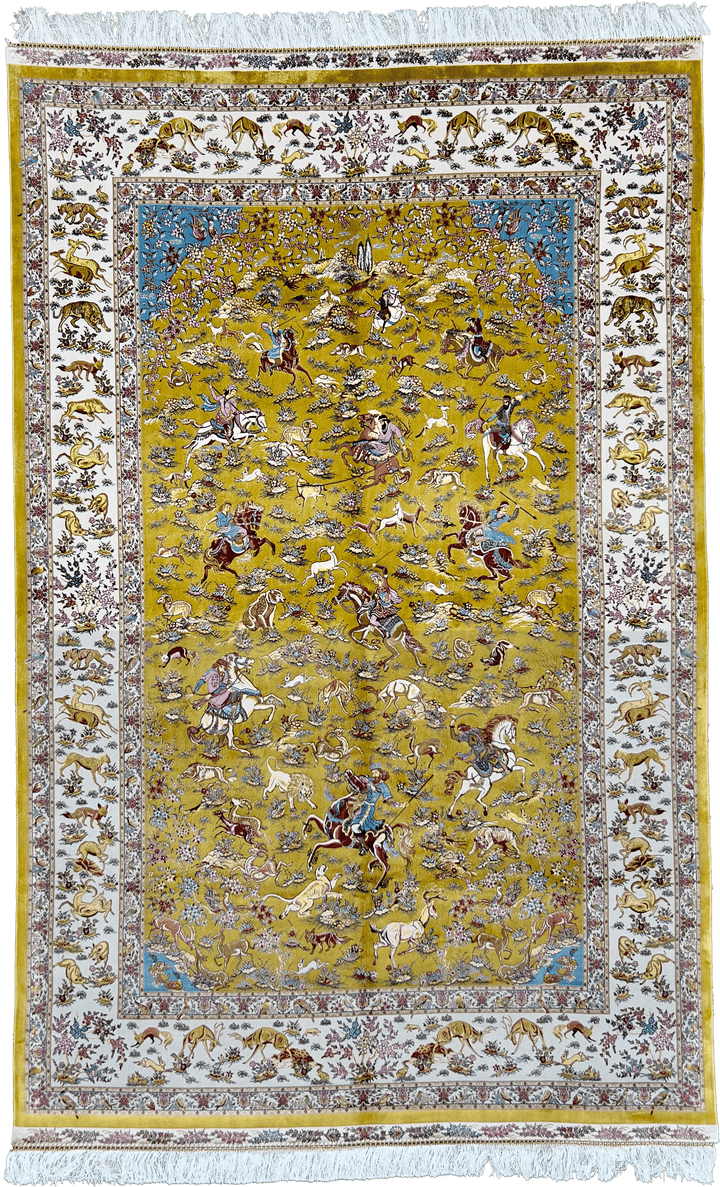 Olive Hunting Field Silk Persian Area Rug Carpet