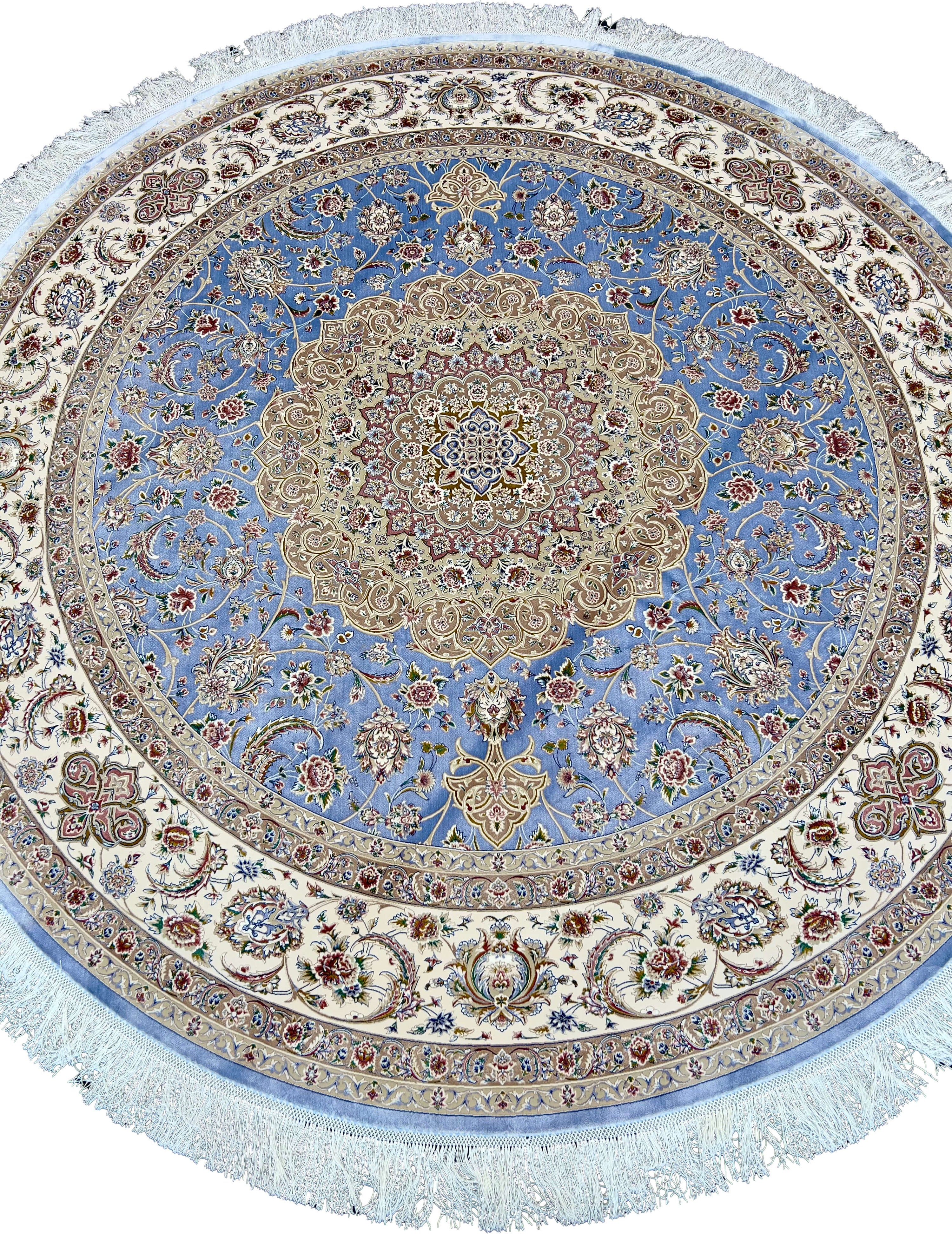Blue and Beige Round Floral Rug