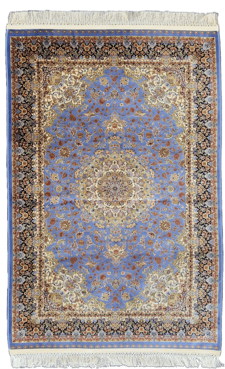 Blue Floral Symmetrical Silk Rug