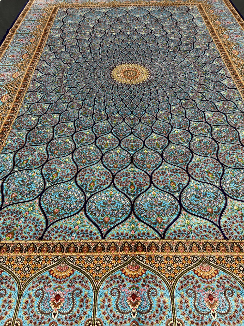 Exquisite Turquoise Dome Design Bamboo Silk Rug