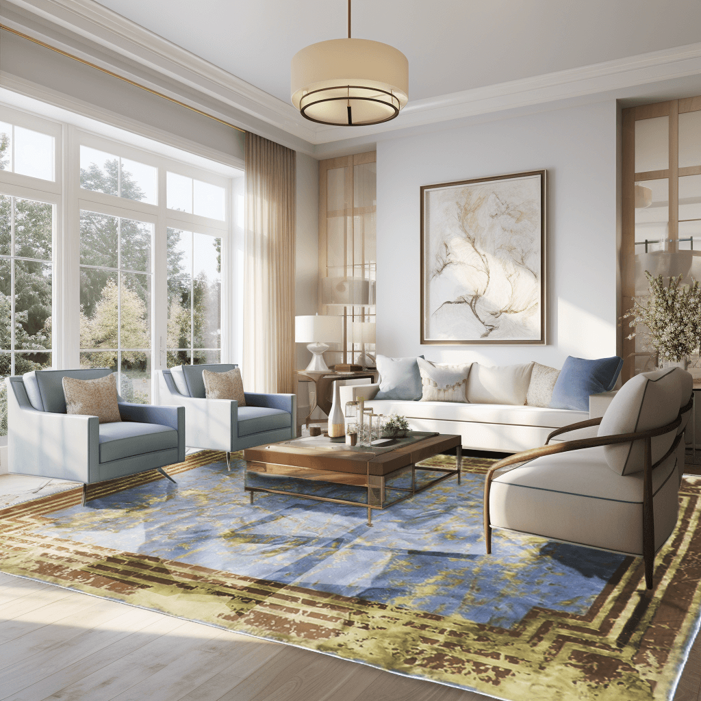 Modern Contemporary Blue Rug with Golden Borders
